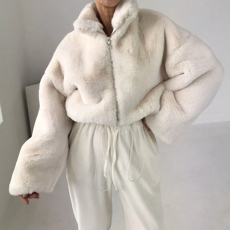 Faux Fur Jacket Coatผู้หญิงVINTAGE Streetwear Stand-up COLLARกระต่ายขนสัตว์Outerwearฤดูใบไม้ร่วงฤดูหนาวหนาWARM Plush JACKET