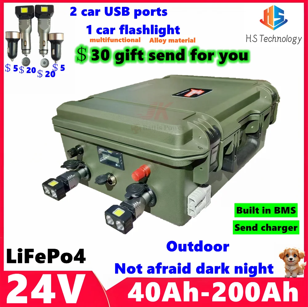 

HS 24V LiFePo4 100Ah 40Ah 50Ah 80Ah 120Ah 150Ah 180Ah 200Ah Lithium Battery,for propeller,Solar Panel Trolling Motor,Outdoor,RV