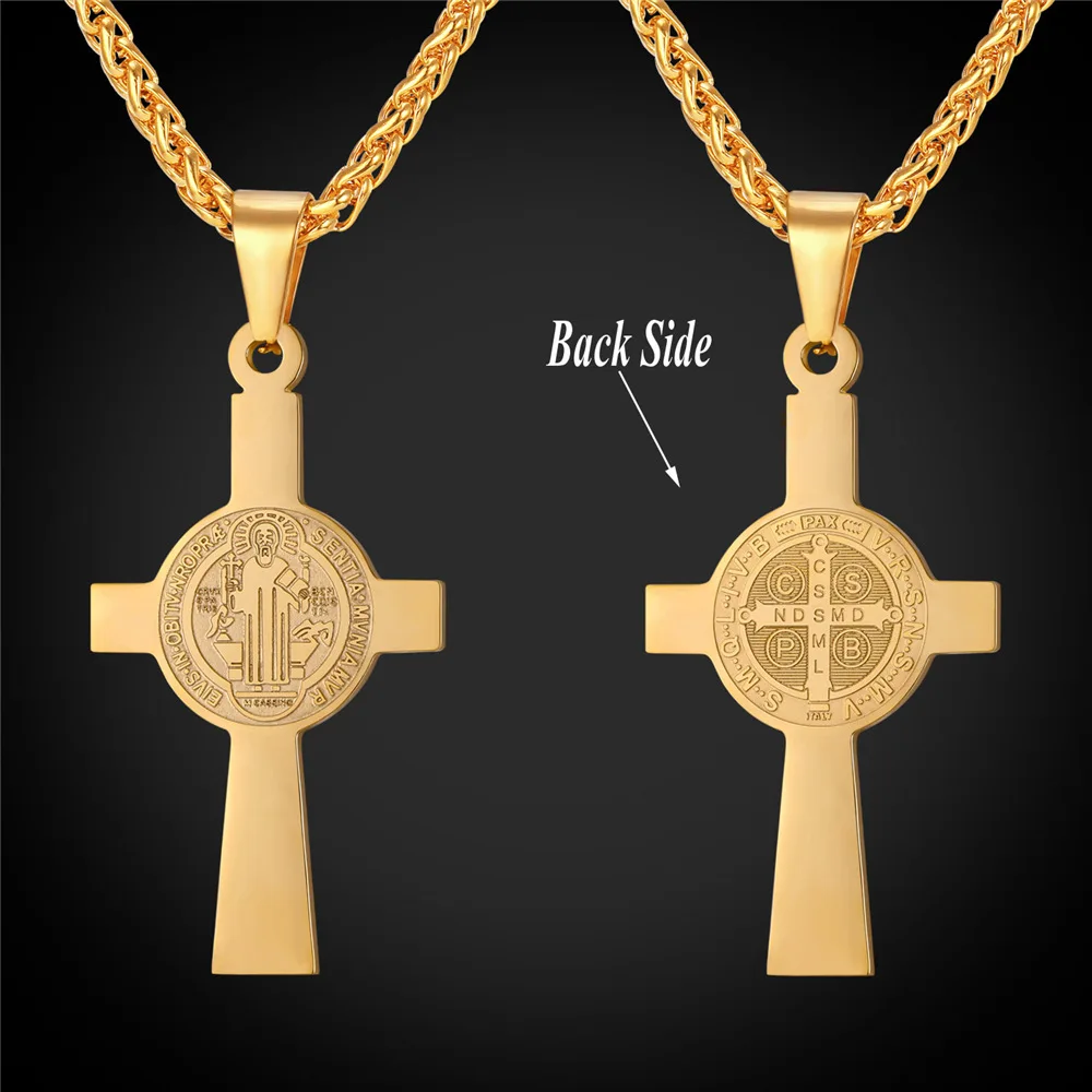 Collare Cross Pendant Men Stainless Steel Gold Color Medalla de San Benito Necklace Women Saint Benedict Medal Jewelry P084