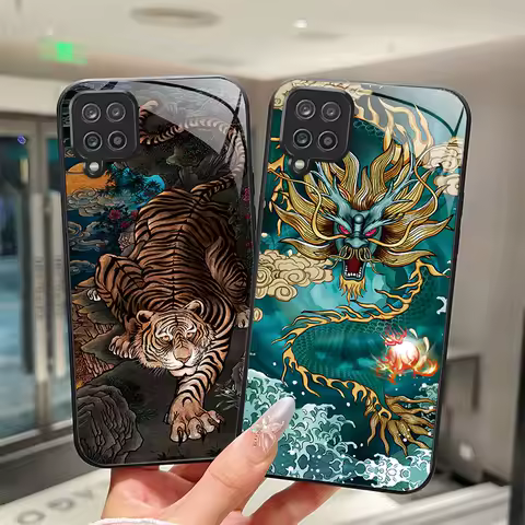 Casing For Samsung A12 A32 A52 A72 A42 A22 A52s A22s 5G M52 M32 M22 M12 4G Fashion Tempered Glass Phone Case Dragon Back Cover