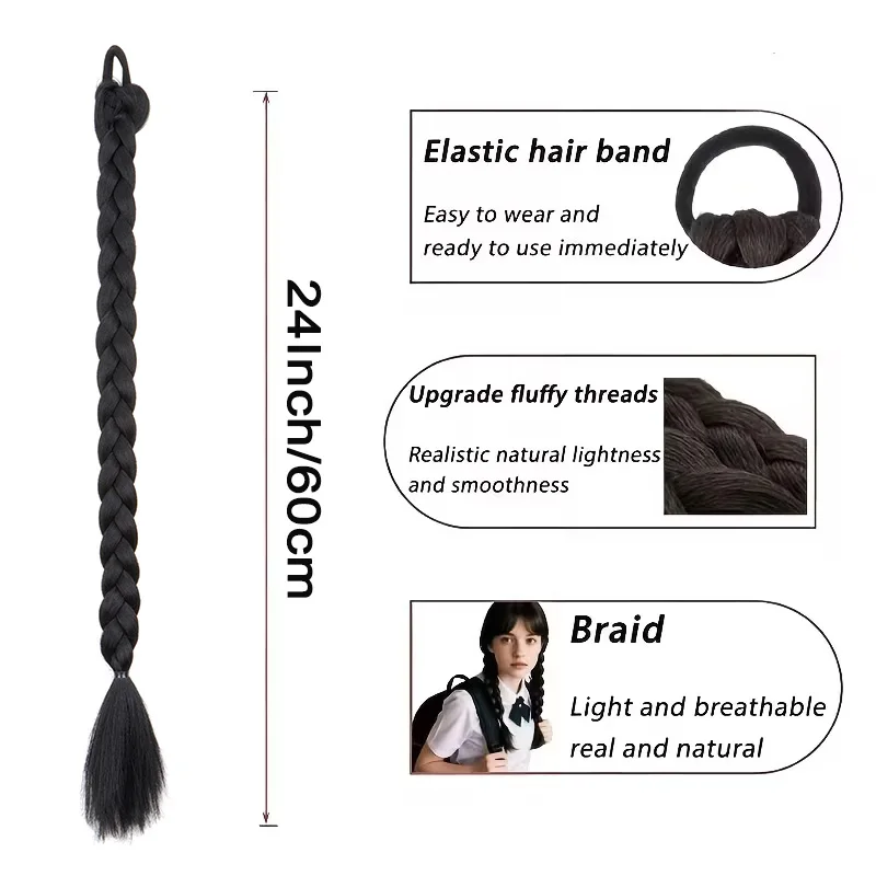 24Inch Synthetic Long Straight Box Braid Ponytail Hair Extension Elastic Band Fiber Hair  Accessory for Party Women Daly Use