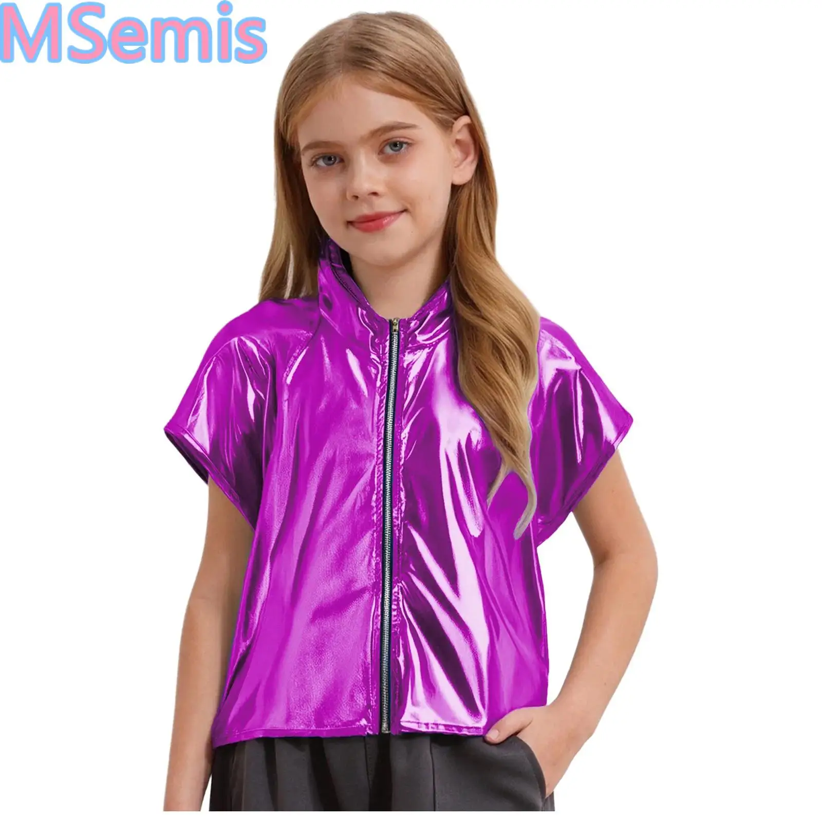 

Unisex Kids Boys Girls Metallic Hooded Vest Sleeveless Zipper Shiny Hoodie for Jazz Dance Stage Performance