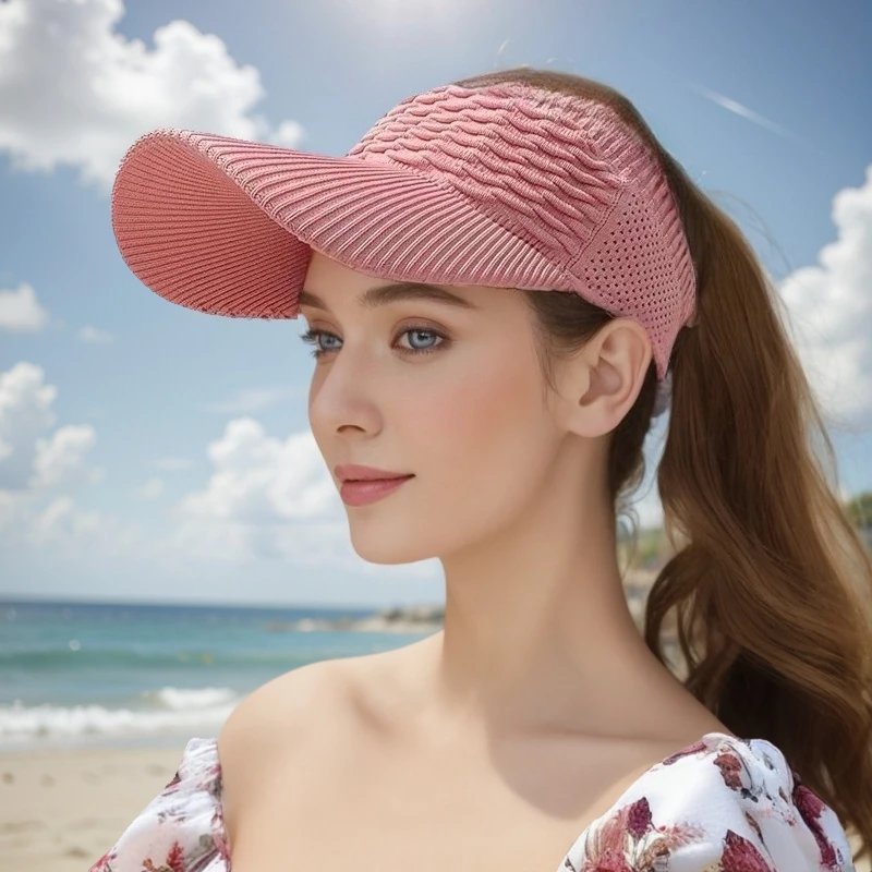 Women Hollow Knit Visor Sun Hat Wide Brim UV Protection Ponytail Summer Beach Outdoor Sport Foldable Light Empty Top Golf Cap