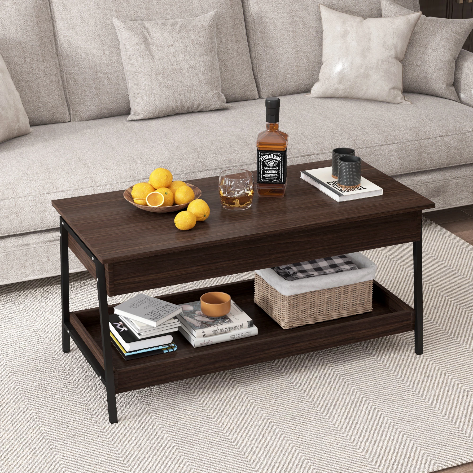 1 PC Lift Top Coffee Table With Storage Shelves And Hidden Compartment For Living Room Office