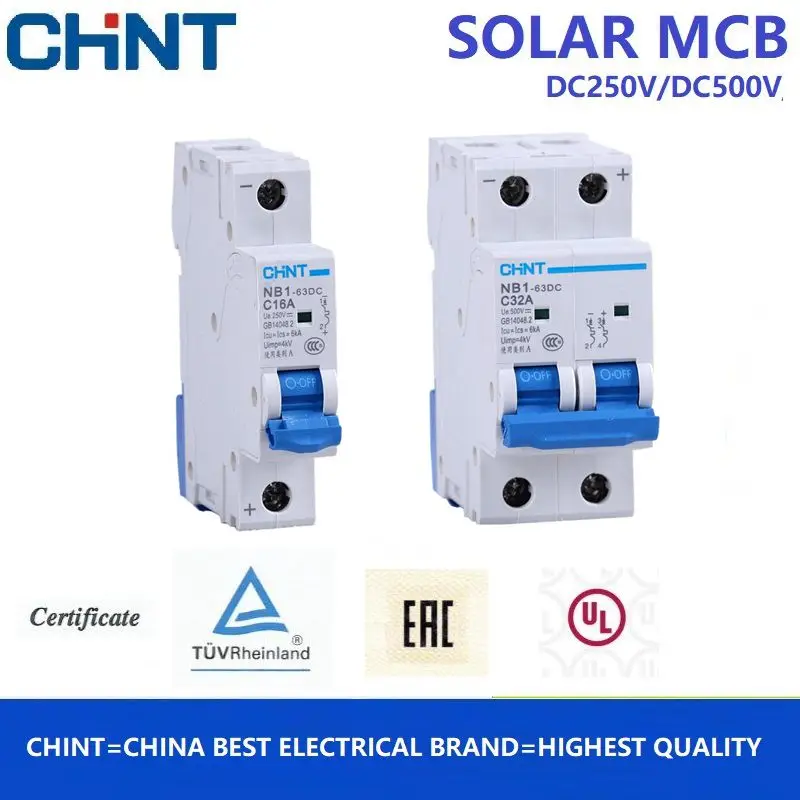 CHINT Solar DC Circuit Breaker NB1-63DC 1P 2P 4P DC250V DC500V DC1000V Energy Photovoltaic Mini MCB 10A 16A 20A 32A 40A 50A 63A