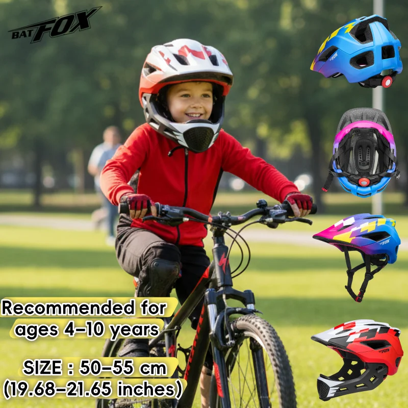 

BATFOX велосипедный шлем на все лицо, детский велосипедный шлем высокой плотности с защитой EPS, мультиспортивное использование для детей BMX, съемный велосипедный шлем на все лицо