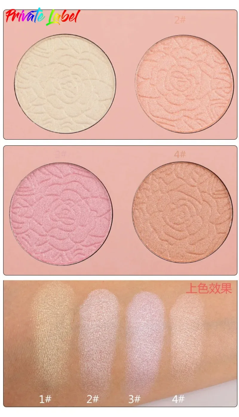 Matte Glitter Highlighter e Paleta Blush, Maquiagem duradoura, Iluminador Brilho, fácil de usar, Private Label, Bulk Custom, 4 cores