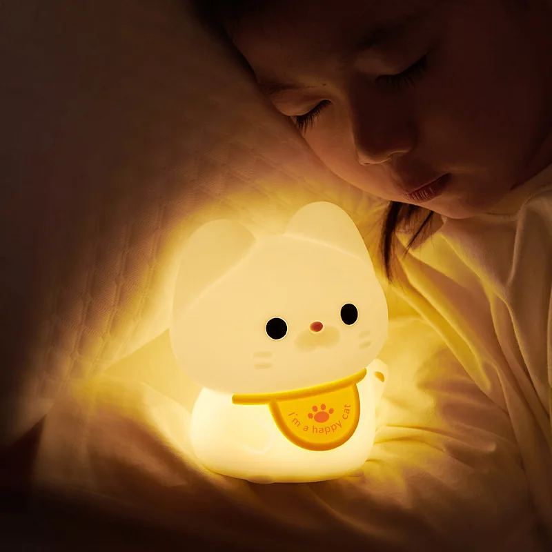 Lucky Cat Night Light USB Charging Timer LED Silicone Tapping Light Children\'s Bedside Light Warm and Healing