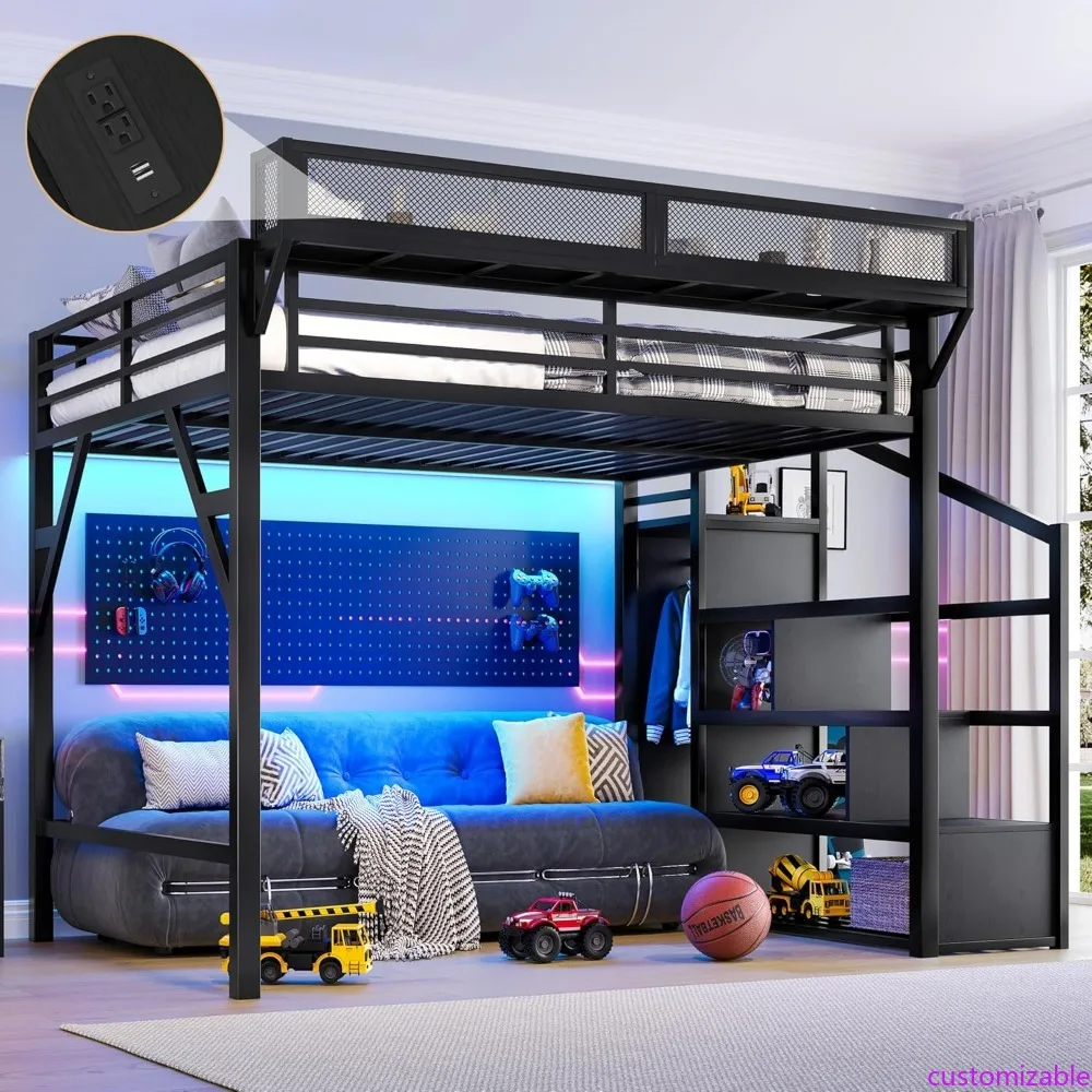Metal Queen Size Loft Bed Frame with Storage Stairs, Side Shelf, Wardrobe, USB Ports, and LED Lighting