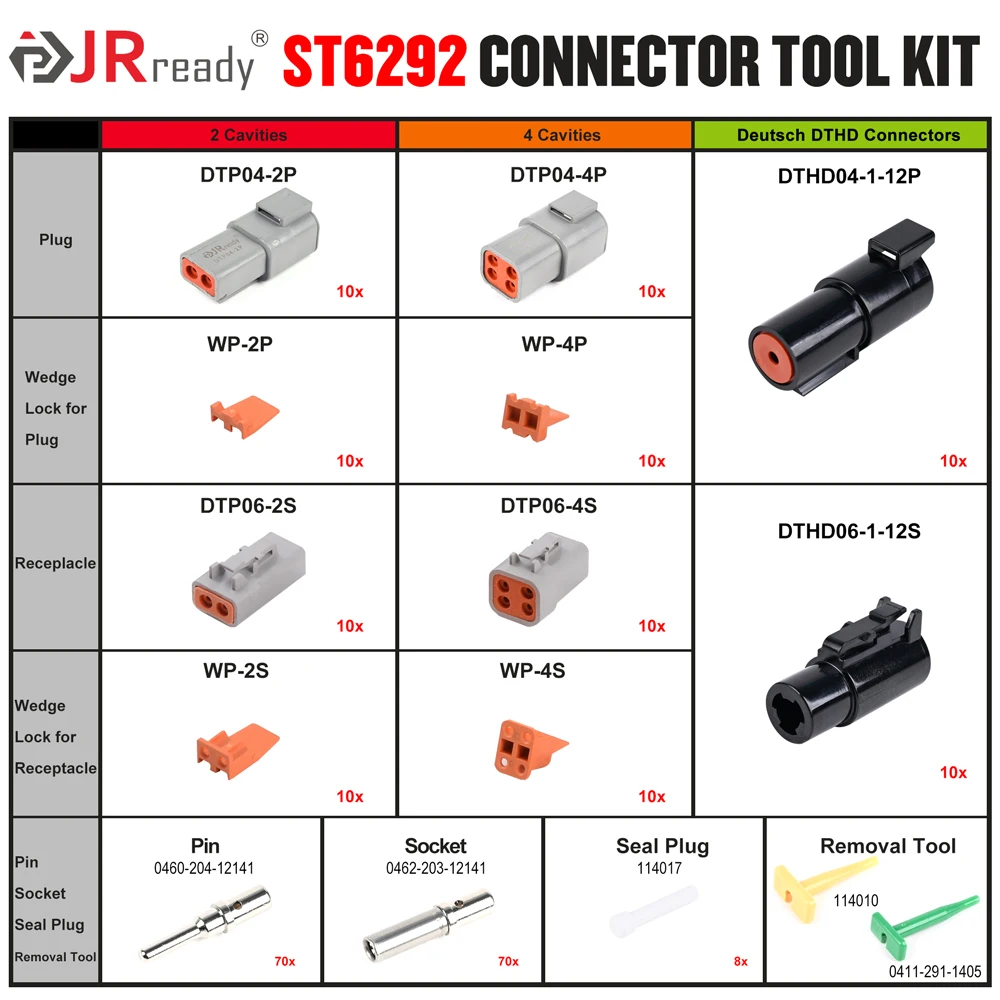 JRready ST6292 Deutsch Connector Kit DTP 2 4 Pin and DTHD 1 Pin Connectors 12 Solid Contacts Crimp Wire Gauge 12-14AWG,25A