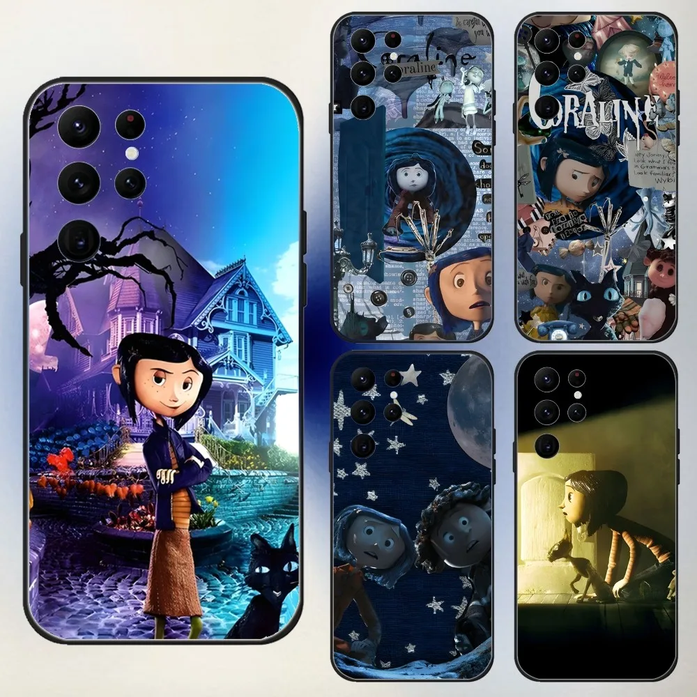

Cartoon C-CoralineS Phone Case For Samsung S24,23,22,30,21,10,9,Ultra,Plus,Lite,FE,5G Black Soft Case