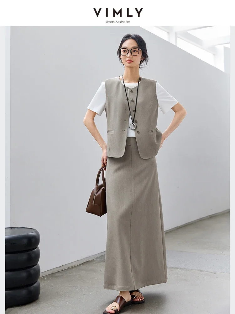 VIMLY Women Office Lady 2 PCS Set 2025 Spring Simple Sleeveless Cardigan Vest+Straight A-Line Split Skirt Casual Loose Outfits