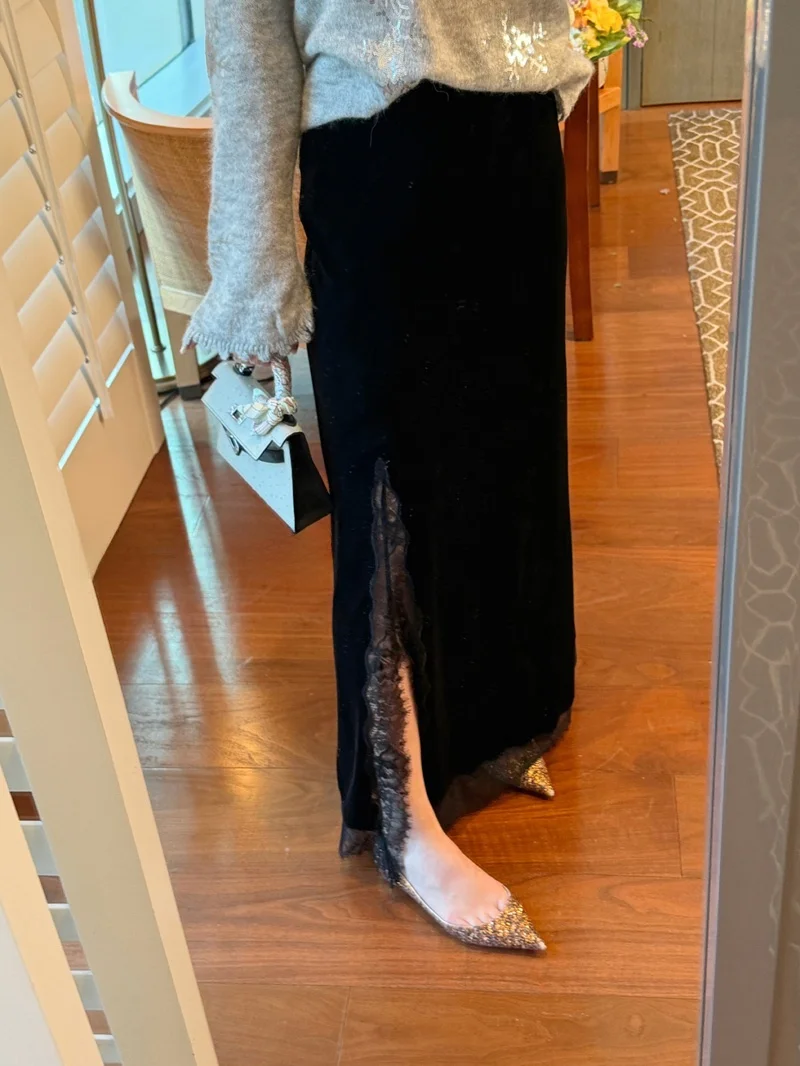 

Early Spring Vintage Soft Slimming Velvet Fi Tail Long Dr Lace Ele Versatile Slim Fit Elastic f Skirt