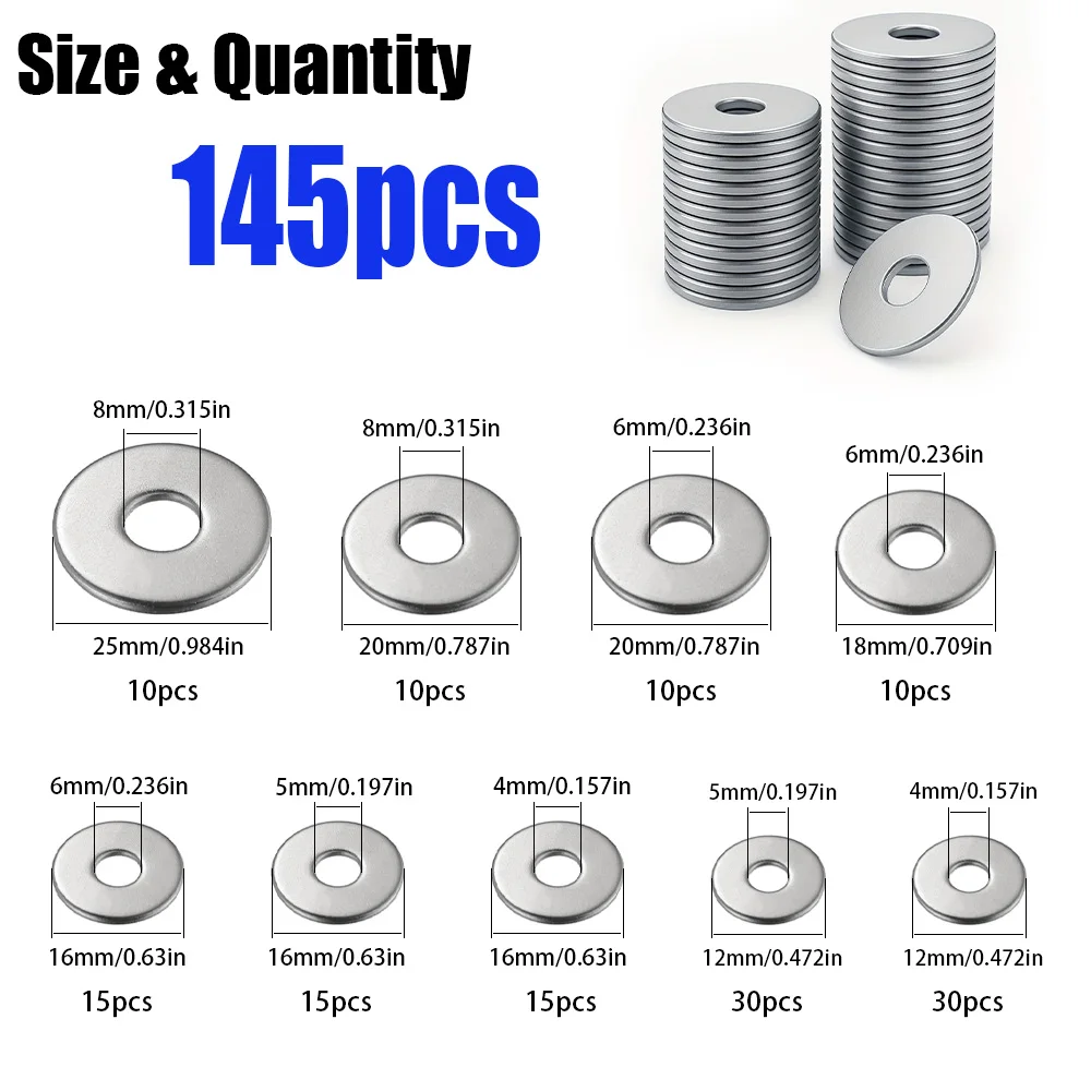 145 Large Wide-Body Stainless Steel Flat Washers M4 M5 M6 M8 for Home, Kitchen, Shop, and Outdoor Construction Maintenance