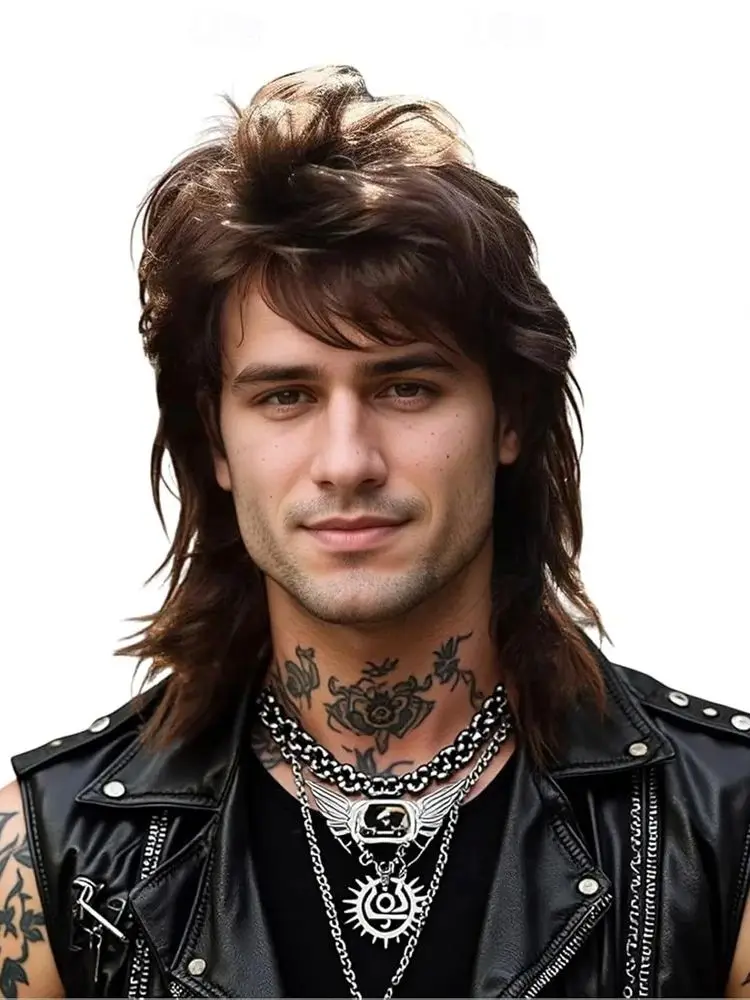 Synthetisches Haar Herren 80er Jahre Rock Mullet Perücke Braune Retro-Frisur für Cosplay Party Vintage Mode – Detail 2