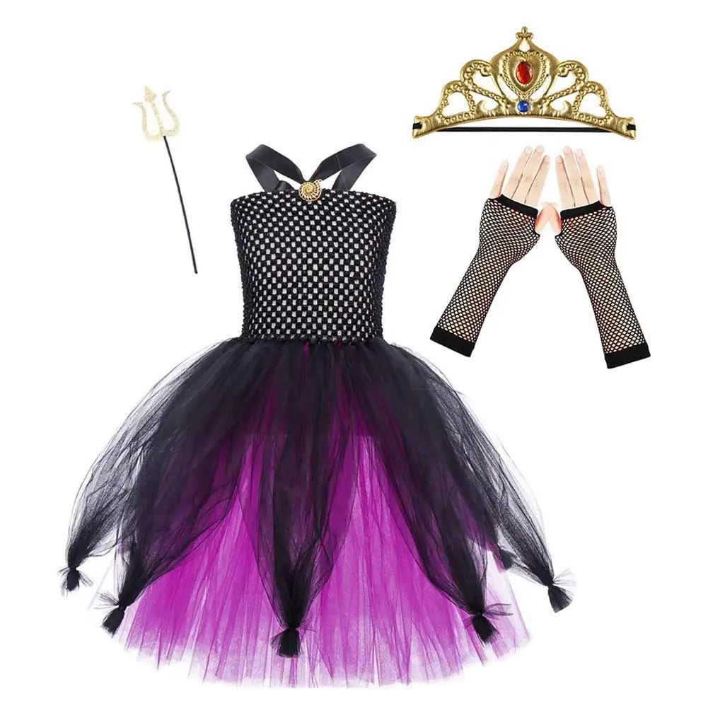 Kinder Ursula Cosplay Kostüm Mädchen Overall Kinder Tutu Kleid Stirnband Handschuhe Zauberstab komplette Set Outfits Halloween Karneval Anzug