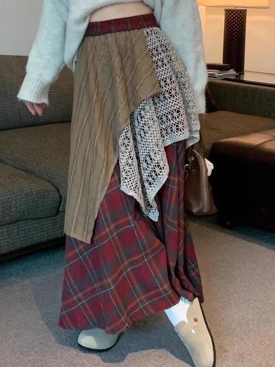 

Художественная дорожная юбка, женская одежда, весенне-осенняя клетчатая кружевная юбка-миди, асимметричная юбка трапециевидной формы, свободная эластичная...