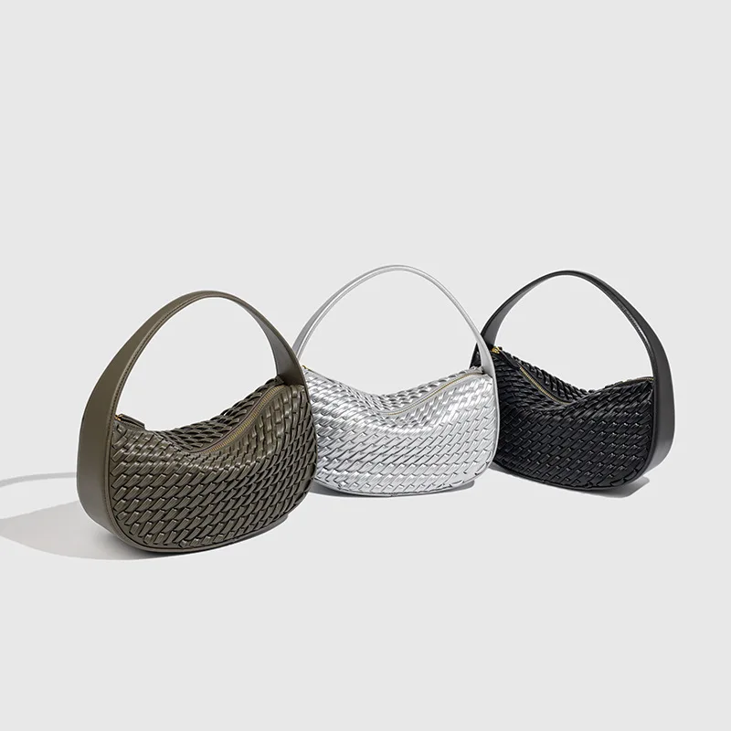 

New Women's Bag Adult Girl Green Woven Pattern Handbag PU Zipper Bag Niche Design Classic Dumpling Bag Armpit Bag