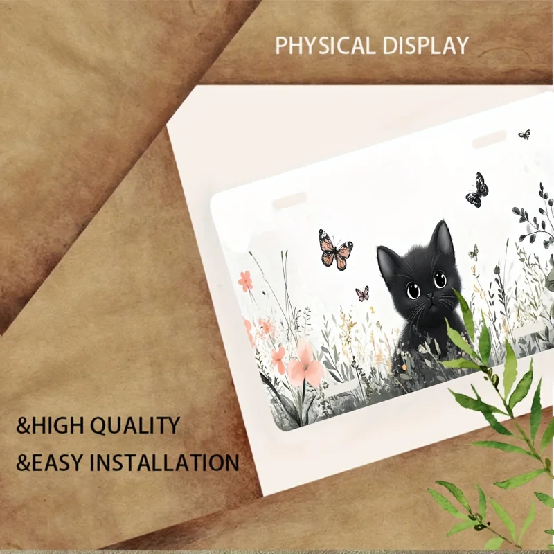 1pc 2D Flat Poster - Cute Black Cat in Flower Field Aluminum License Plate,Standard Size, Decorative Front Plate Frame for Men