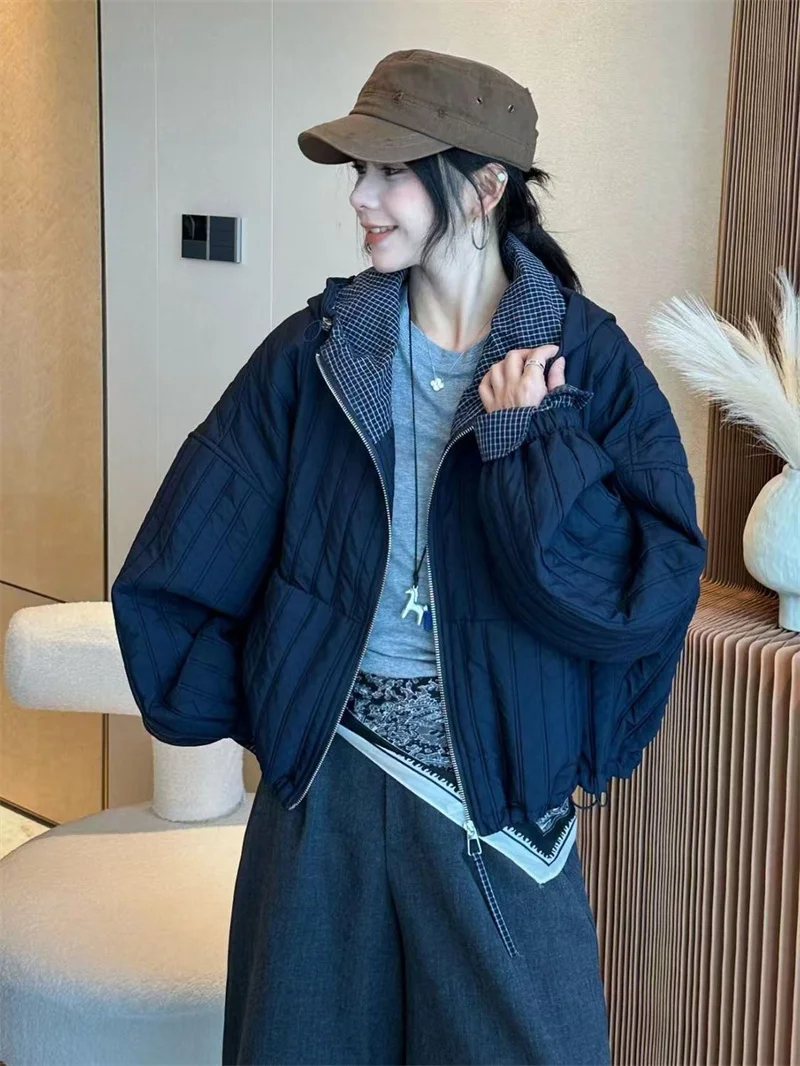 Giacca invernale da donna Cappotto con cappuccio ispessito con reticolo con cappuccio Giacca cardigan da donna alla moda autunno e inverno allentata