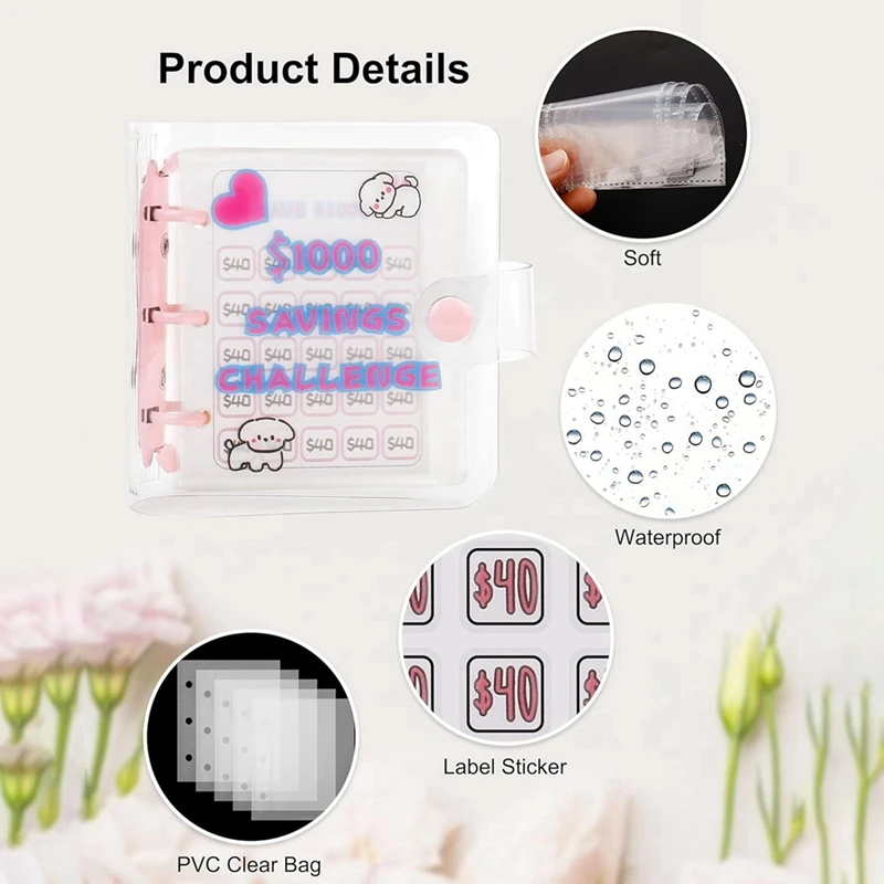 Dinheiro Desafio Binder com Mini Envelope, Livro, Rosa, PVC, Reutilizável, Orçamento, 1000, 2 pcs