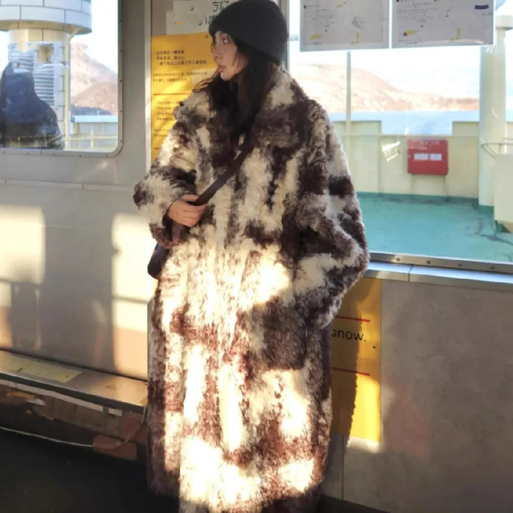 

HIGH QUALITY Winter Stand Collar Tie dye Coffee Circle Hairy Shaggy Faux Lamb Fur Coat Women Furry Warm Jacket Midi Outerwear