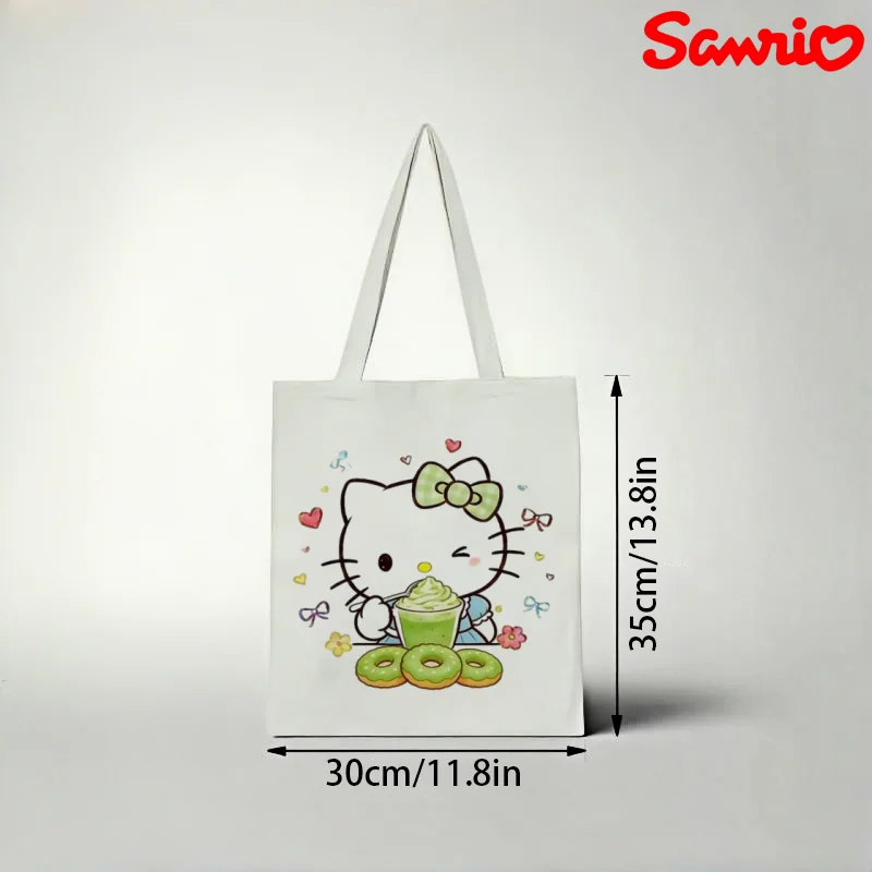 

1pc Sanrio Hello Kitty Canvas Tote Bag, Matcha Drink & Donut Print Eco Shoulder Bag