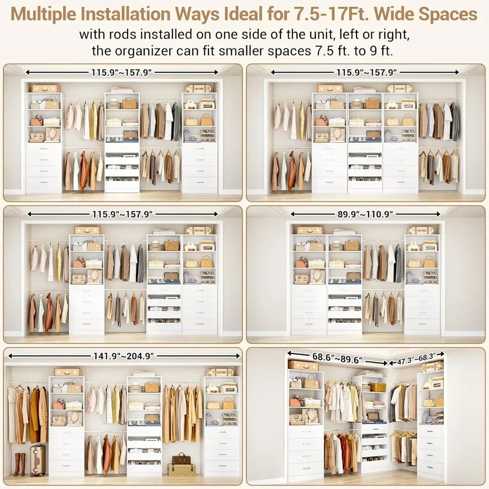12 Drawer Closet System, 8.5-11.5Ft Wood Organizer with 4 Rods, 3 Towers, L-Shape, White