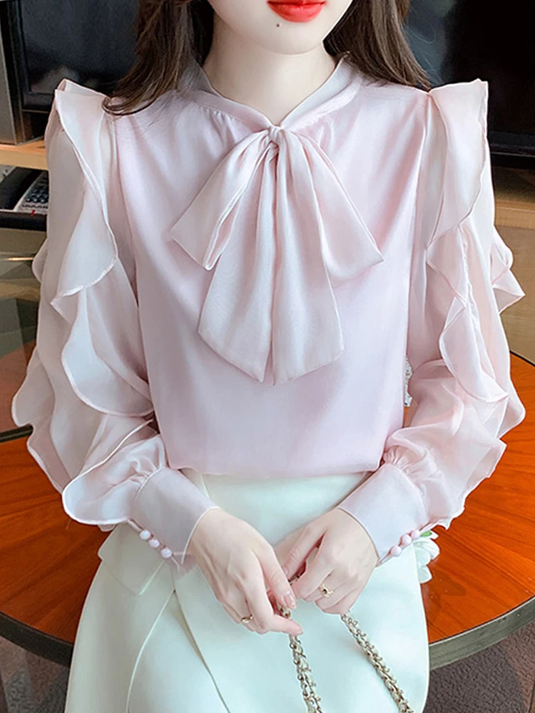 Fashion Ruffles Bow Collar Pink Chiffon Blouse Shirt Women Tops Blouses Blusas Mujer De Moda 2024 Long Sleeve Blouse Women H05