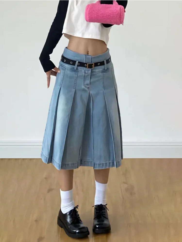 

DEEPTOWN Y2k Streetwear Denim Pleated Skirt Women Vintage Low Waist A-line Distressed Knee-lenght Jeans Skirt Japanese Fashion