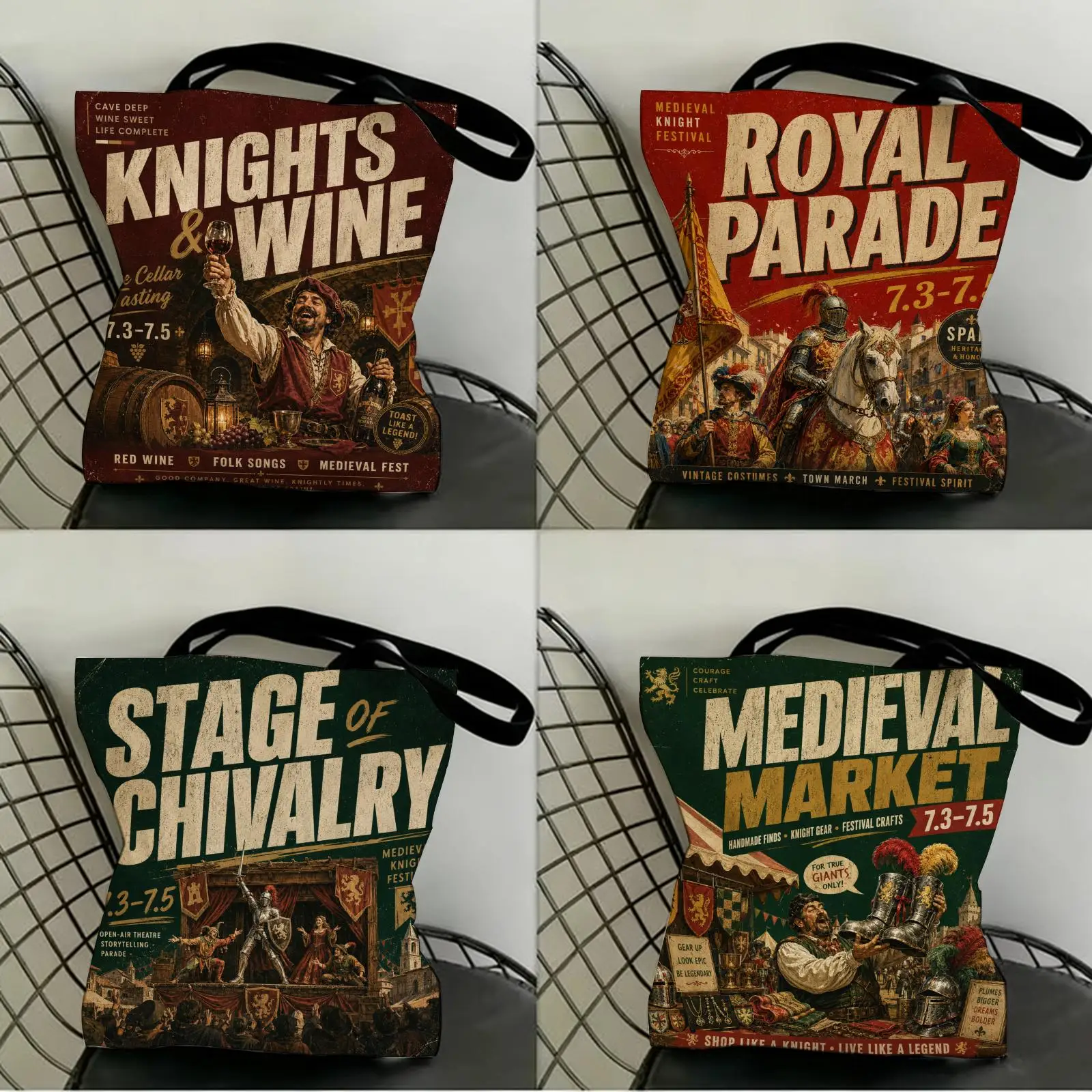 Medieval Knight Storage Bags Lightweight Eco-Friendly Large Capacity Canvas Shoulder Tote, Fashion Multi-Purpose Daily Bag