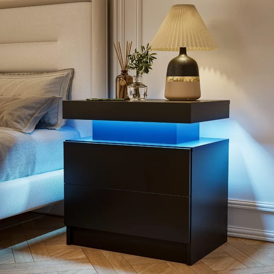 Nightstand LED Bedside Table Cabinet Lights Modern End Side with 2 Drawers for Bedroom Black