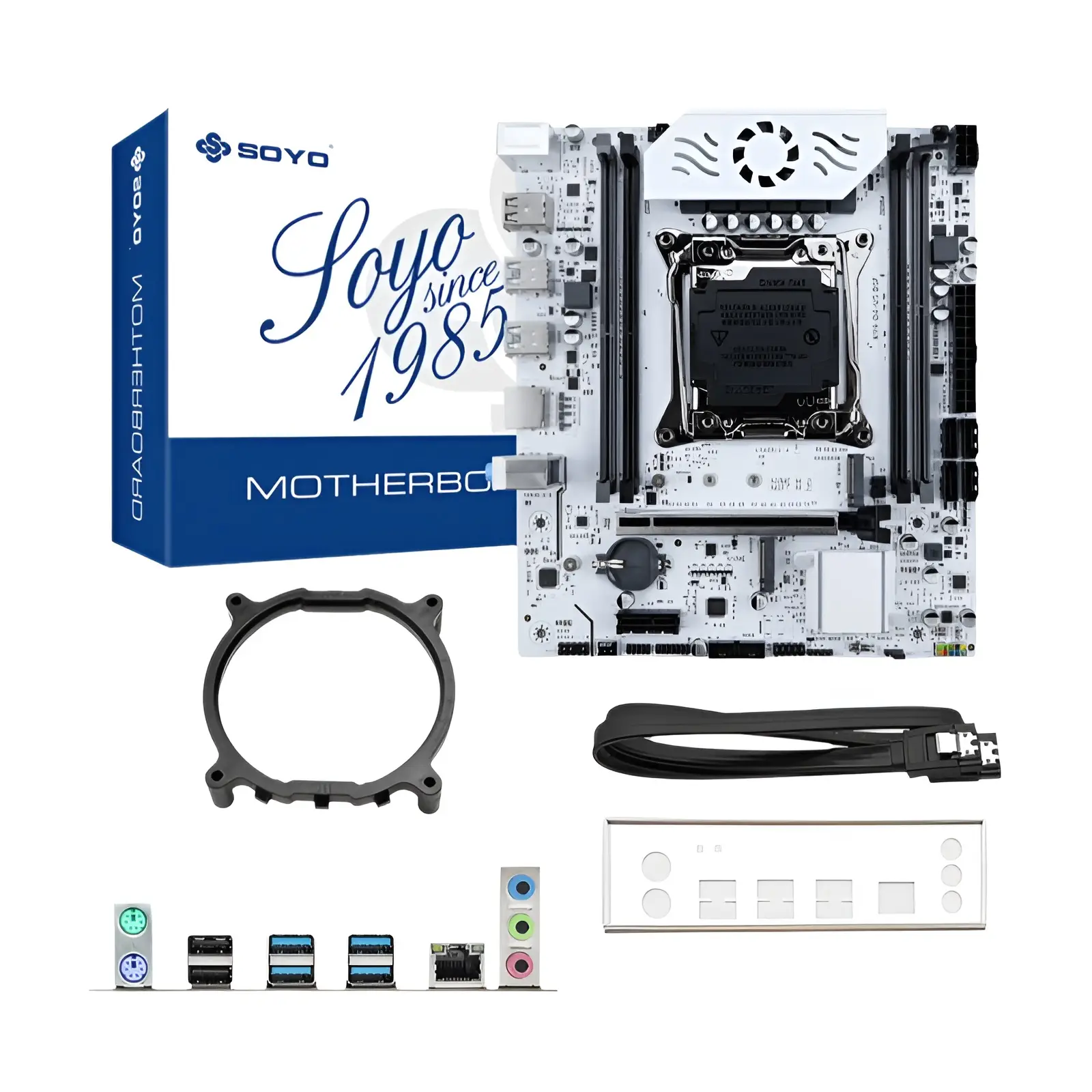 Soyo x99 placa-mãe ddr4 LGA2011-3 com slot m 2 suporta chipset c612 canal duplo ddr4 sata 3.0 ventilador blindado de resfriamento branco