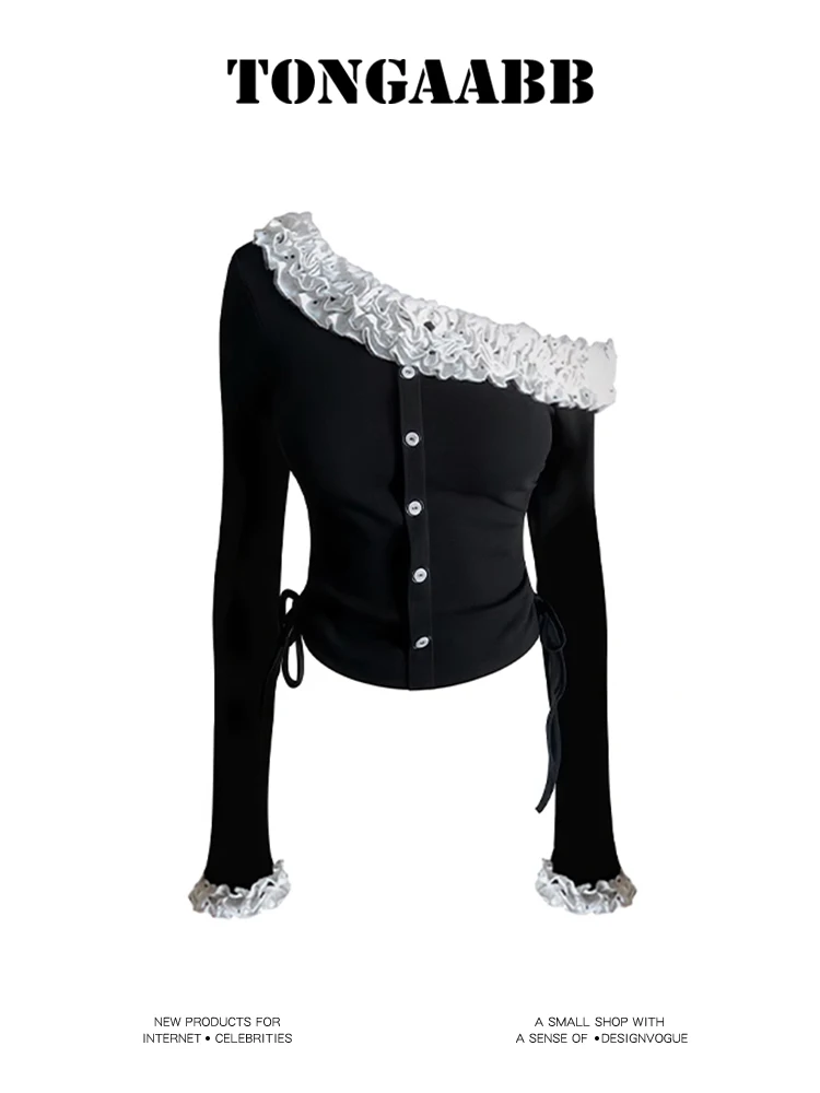 

Женская черная футболка с вырезом в стиле Харадзюку, корейская футболка Y2k, одежда 2000-х годов, эстетичная мода, винтажные футболки с длинными рукавами, осень