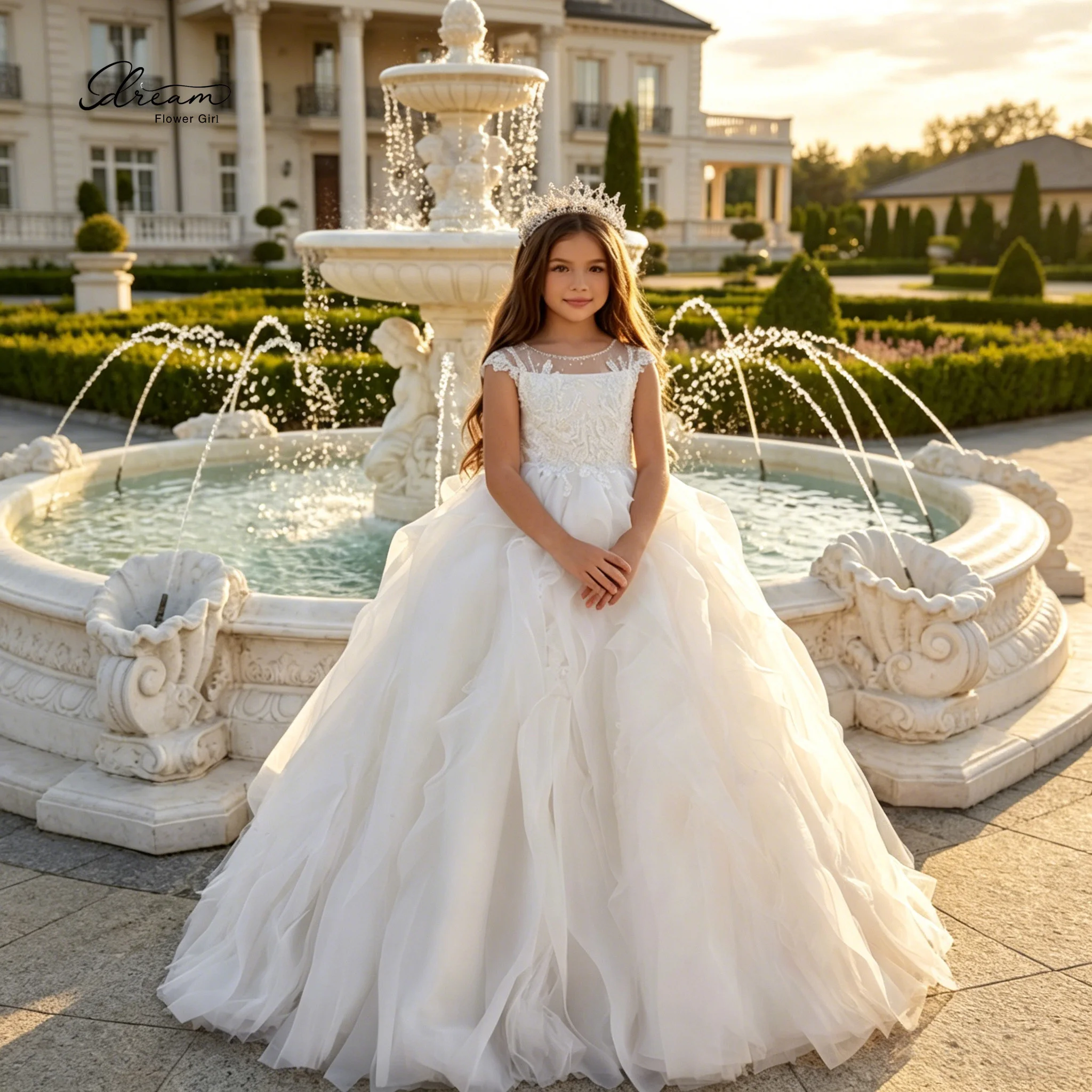 

Formal Children's Gown White Sheer Tulle Short-Sleeve Floor Length Princess Dress with Lace Embroidery and Open Back