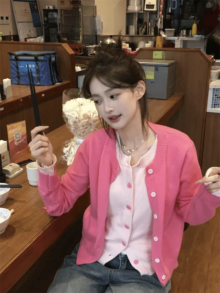 

Korean Sle Sweet Ele Knitted Cardigan Women's Spring New Arrival Sweater Chic Top Not Two-Piece Design Long Sve roun...