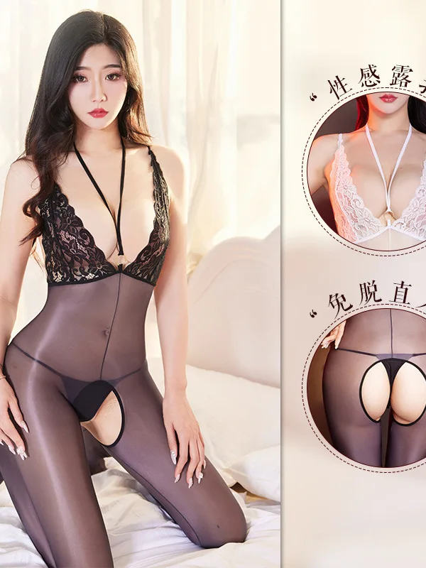 Nieuwe Stijl Sexy Sheer Hoge Elasticiteit Olie Helderheid Pure Desire Jumpsuit Sexy Ondergoed Kant Lage Kraag Slanke Verschijnen Dunne 83UO