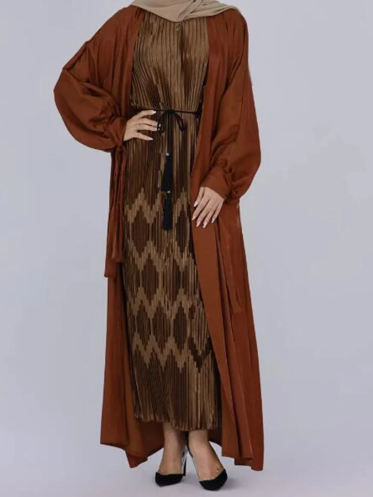 Imagem -04 - Ramadan Muçulmano Abaya Mais Vestido Interno Feminino Peça Conjunto Abayas Marrocos Vestidos 2024 Vestido Islâmico Cardigan Kaftan Árabe Elbise