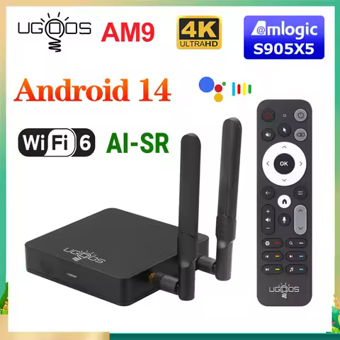 Amlogic S905X5 UGOOS AM9 TV BOX Android 14 Set Top Box LPDDR4 4G64G Supoprt AI-SR 4K HDR WiFi6 BT5.2 1000M BT Voice Remote