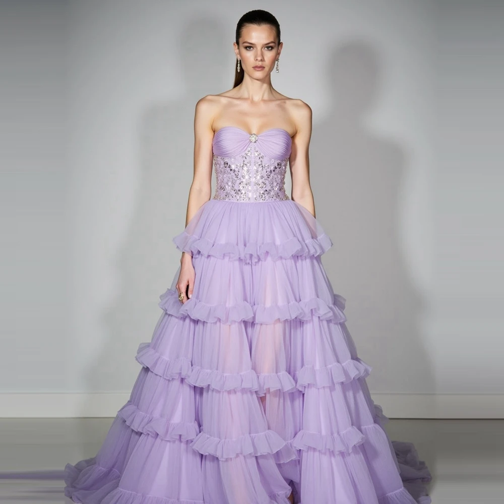 

Elegant Lavender Mesh Prom Dress with Multi-Layer Ruffle Sequin Lace A-Line Long Evening Gowns Strapless Tulle Party Gowns