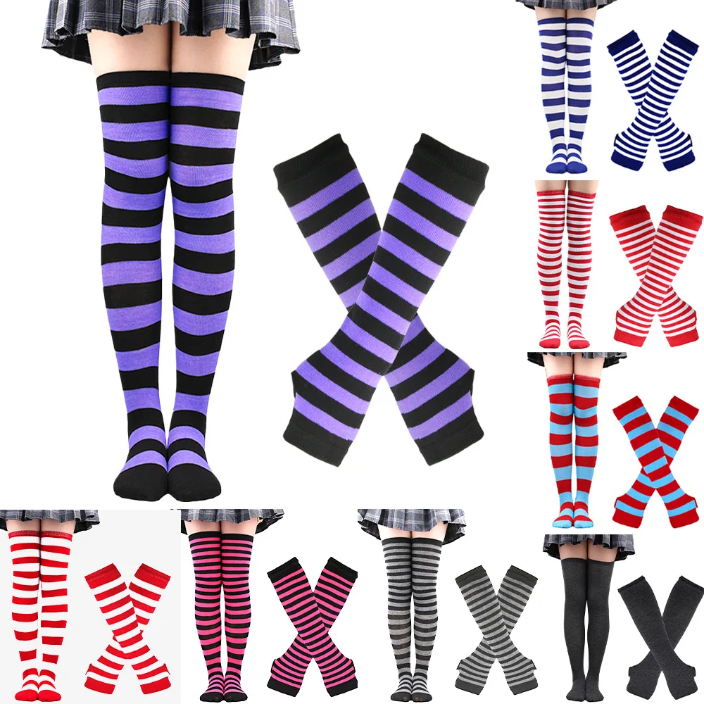 

Sweet Cute Gloves + Plus Size Overknee Socks Women Girls Over Knee Long Stripe Printed Thigh High Striped Cotton Socks