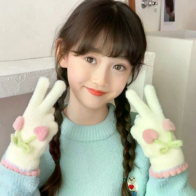 6-12 Years Korean Sweet Cherry Love Children Warm Full Finger Gloves Winter Windproof Thicken Boys Girls Kid Cycling Mittens