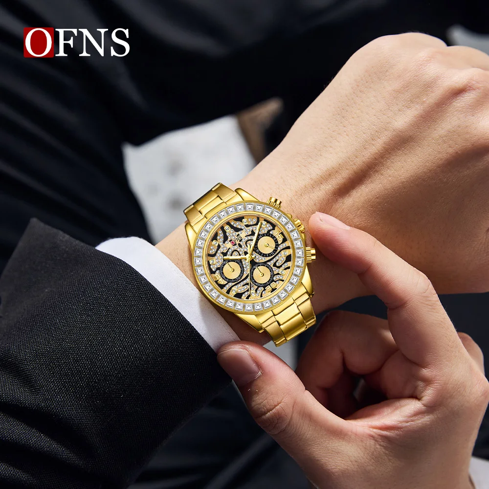 OFNS 7111 رجال الأعمال ثلاثة العين ستة دبوس ساعة كوارتز النمر نمط مقاوم للماء ليلة ضوء الاتجاه ساعة كوارتز رجالية 2025