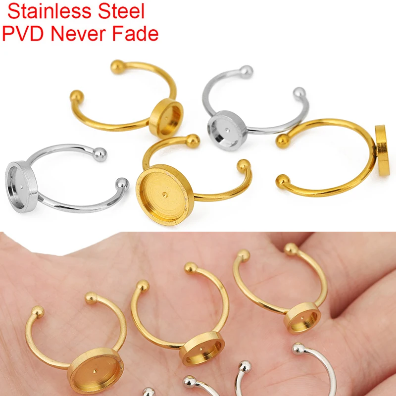5pcs 6 8 10 12 mm Stainless Steel Round Ring Settings Tray Diy Adjustable PVD Never Fade Cabochon Cameo Base For Jewelry Making