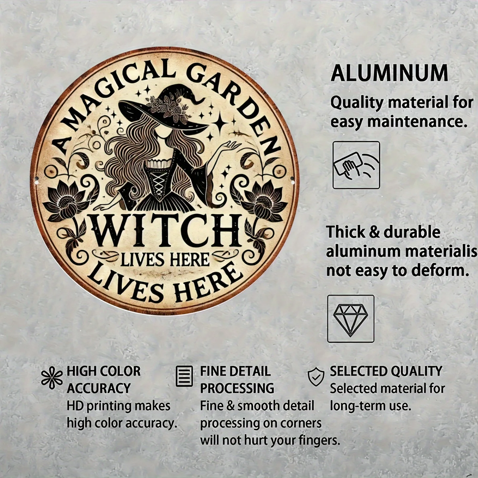 1pc Enchanting Garden Witch Metal Wall Sign - Round Witchy Decor with "A Magical Witch Lives Here" Banner - Aluminum Foil Sign view 6