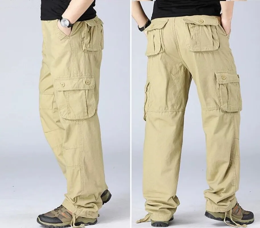 Large Pocket Loose Overalls Men's Outdoor Sports Jogging Pants Elastic Waist Pure Cotton Casual Work Pants