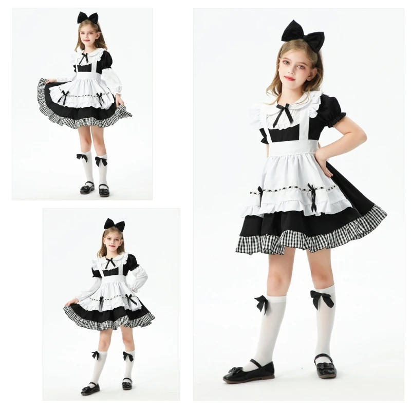 Enchanting Princess Gown and Accessory Set for Girls, White Black Color Matching Dress Headwear for Cosplay & Birthday