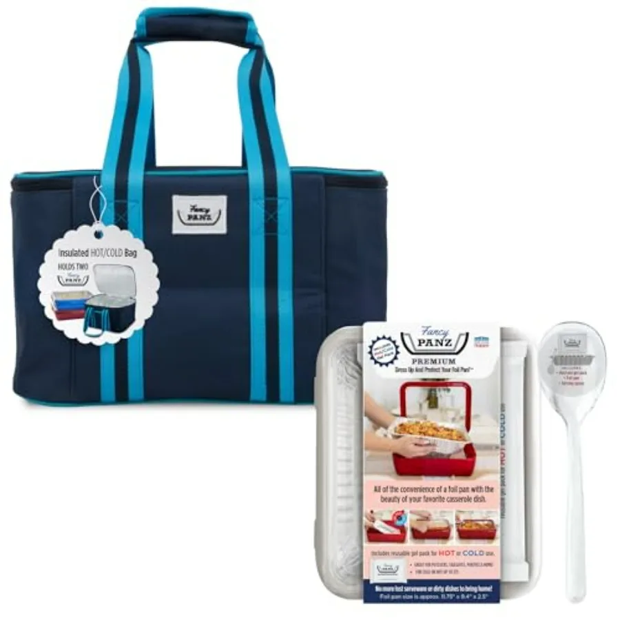 

Комплект — темно-синяя изолированная сумка + белая премиум-класса, сделанная в США, переноска для сковороды из фольги, дорожная переноска для запеканки с одноразовым алюминиевым па