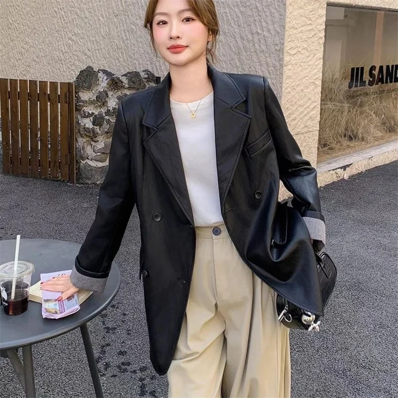 Spring Autumn Women Korean Casual Leather Jacket High-end Fashion Simple Suits Soft Leather Jacket Female PU Leather Blazer Coat 3