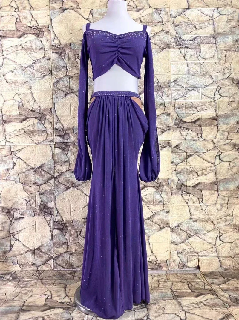 Sutiã + saia longa dividida, 2 peças, roupa de dança do ventre oriental, traje de dança do ventre feminino, roupa de dança exótica, mangas compridas